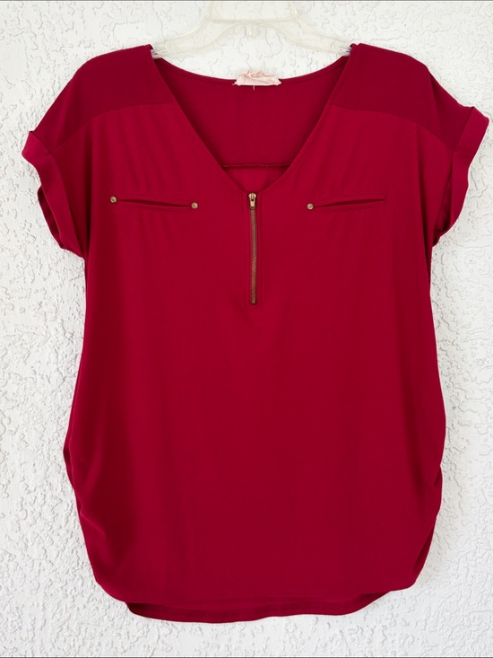 Sweet Wanderer Tops - Sweet Wanderer maternity Burgundy V-Neck Zip Front Blouse size L